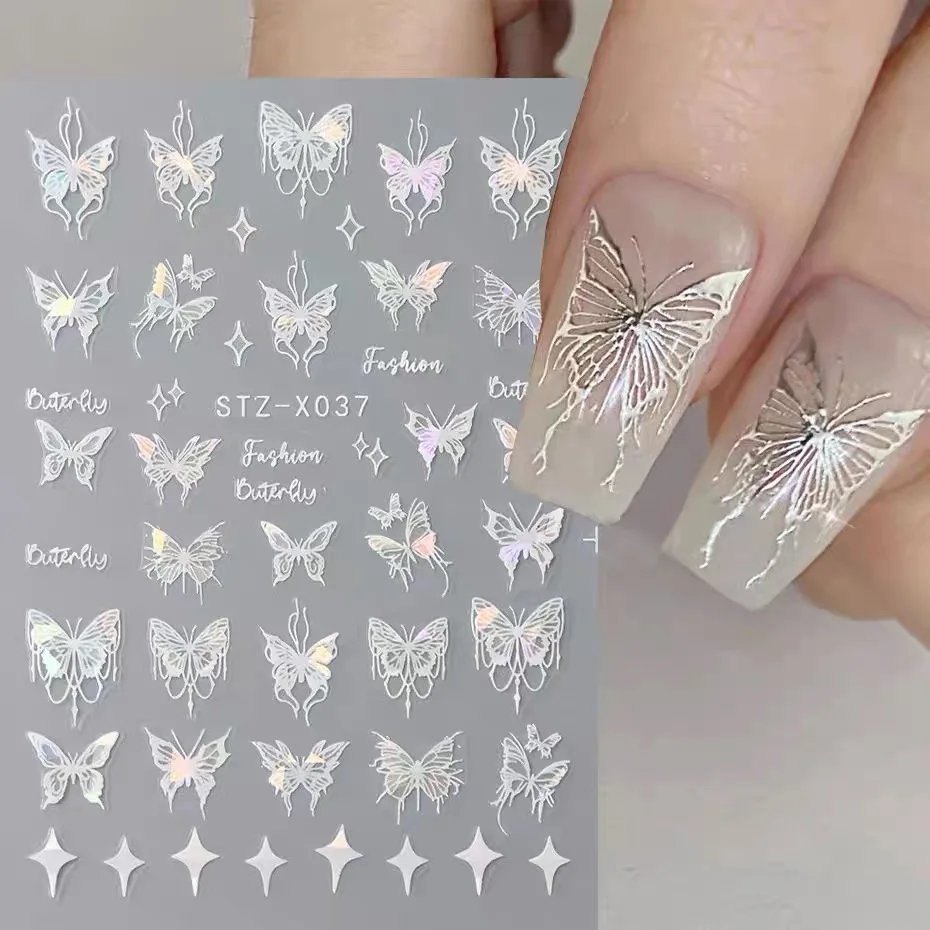 Metal Mirror Butterfly Sticker Black White Butterfly Laser Nail Stickers Y2K Nail Art DIY Manicure Decoration Lace Nails Sticker