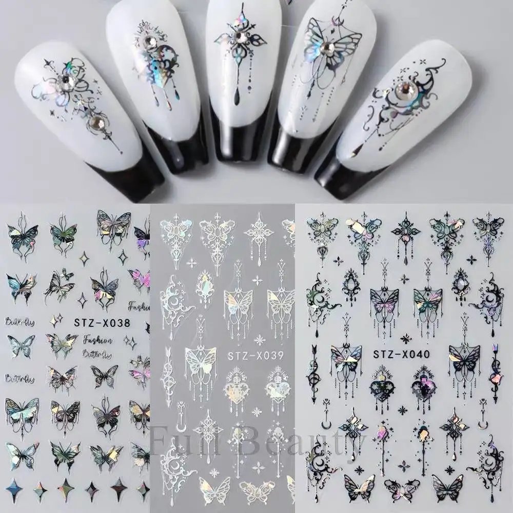 Metal Mirror Butterfly Sticker Black White Butterfly Laser Nail Stickers Y2K Nail Art DIY Manicure Decoration Lace Nails Sticker