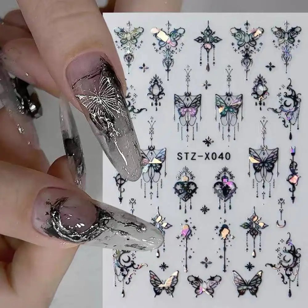 Metal Mirror Butterfly Sticker Black White Butterfly Laser Nail Stickers Y2K Nail Art DIY Manicure Decoration Lace Nails Sticker