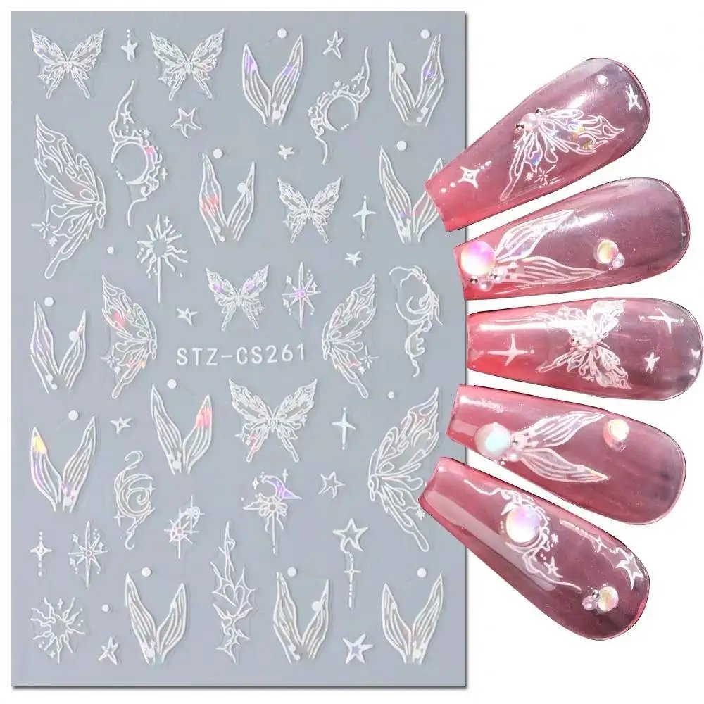 Metal Mirror Butterfly Sticker Black White Butterfly Laser Nail Stickers Y2K Nail Art DIY Manicure Decoration Lace Nails Sticker