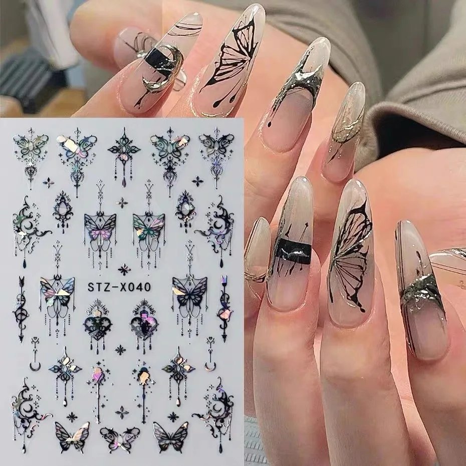 Metal Mirror Butterfly Sticker Black White Butterfly Laser Nail Stickers Y2K Nail Art DIY Manicure Decoration Lace Nails Sticker