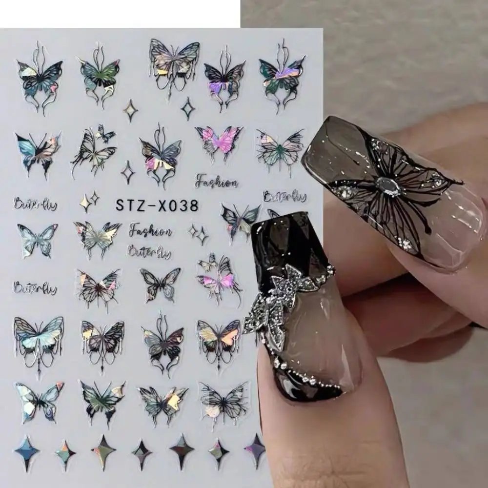Metal Mirror Butterfly Sticker Black White Butterfly Laser Nail Stickers Y2K Nail Art DIY Manicure Decoration Lace Nails Sticker