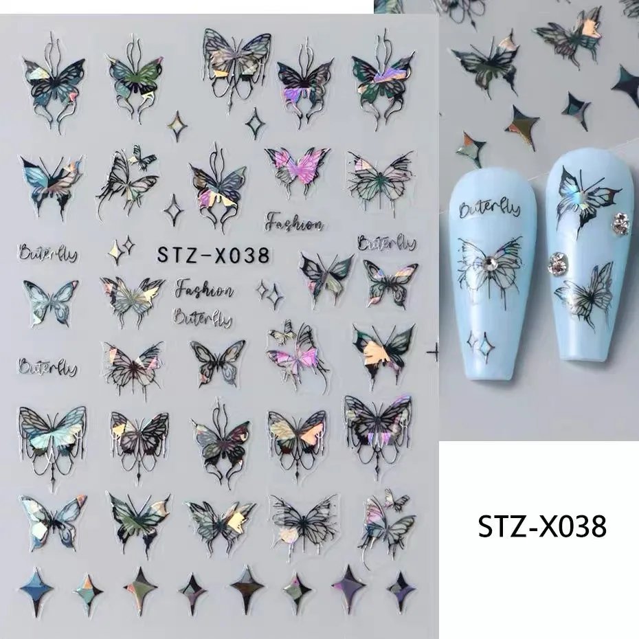 Metal Mirror Butterfly Sticker Black White Butterfly Laser Nail Stickers Y2K Nail Art DIY Manicure Decoration Lace Nails Sticker