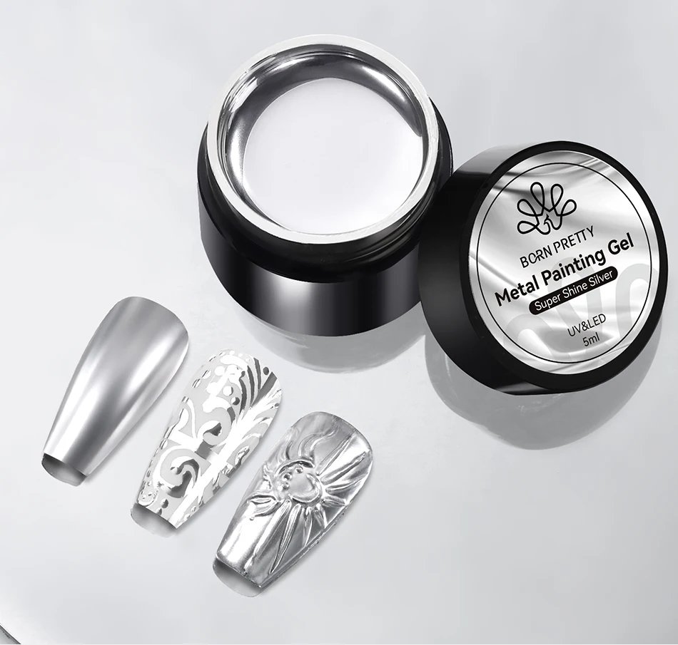 BORN PRETTY Sliver Metal Effect Line Flower Drawing Gel Soak Off Transparent Colors 5g Painting Gel Polish UV Nail Art Gel Varni