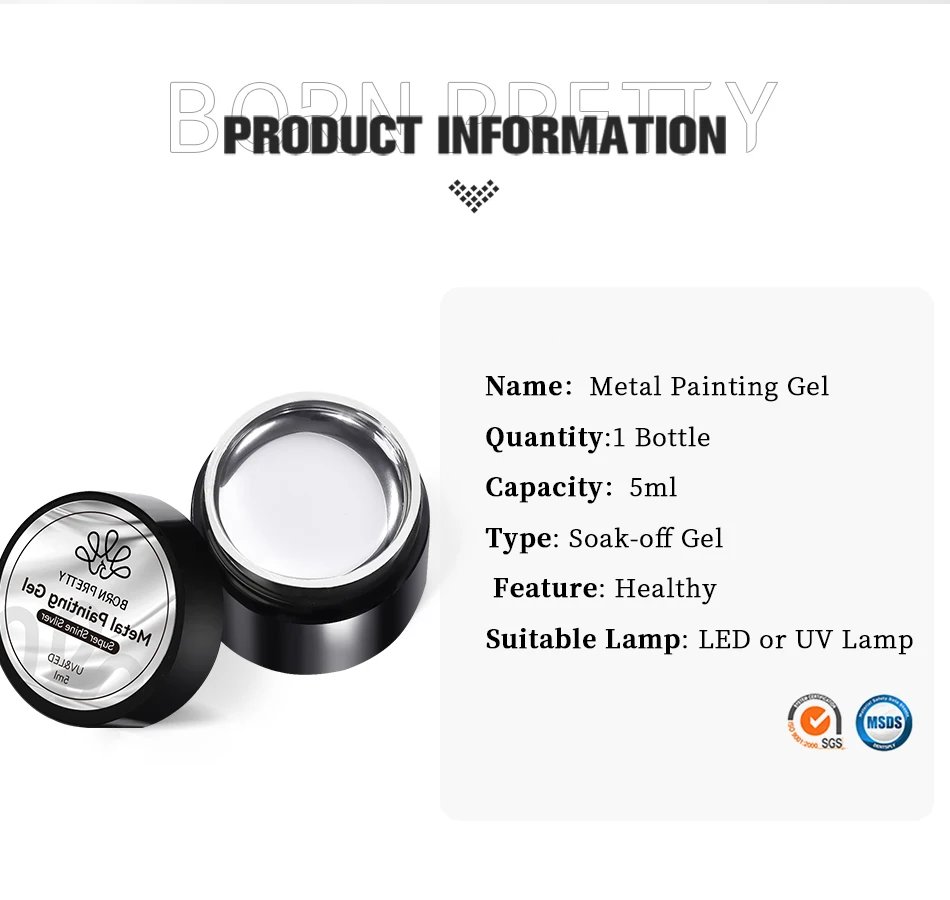 BORN PRETTY Sliver Metal Effect Line Flower Drawing Gel Soak Off Transparent Colors 5g Painting Gel Polish UV Nail Art Gel Varni