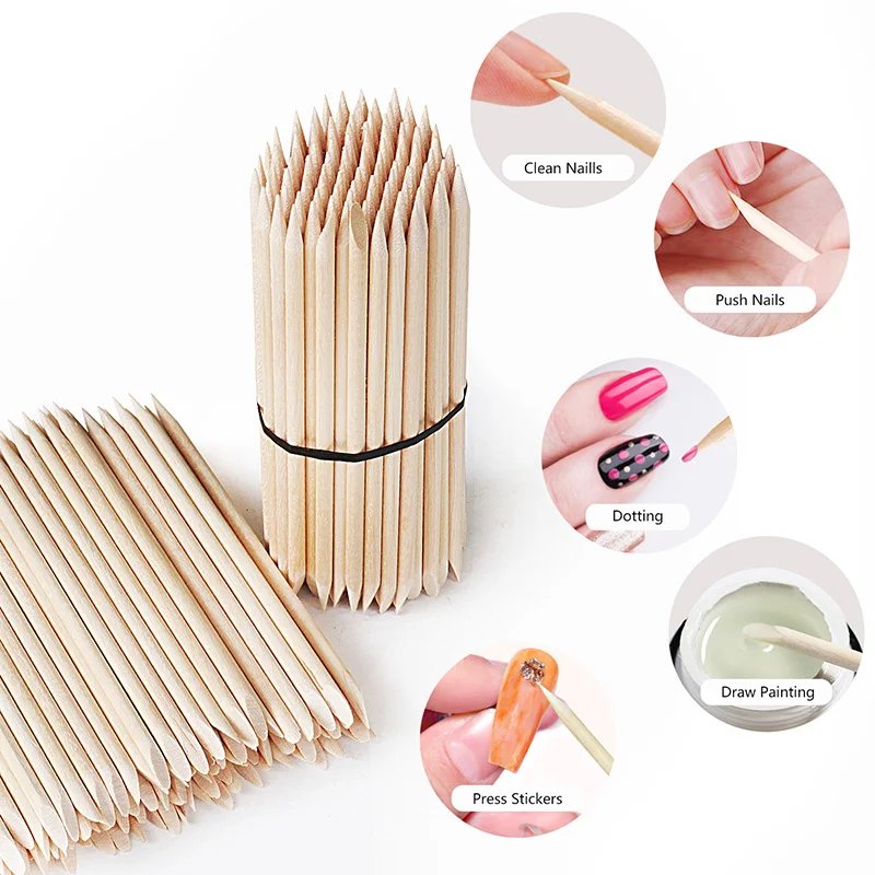 Lurayee Nail Cuticle Pusher Orange Wood Sticks Nail Manicures Remover Wooden Design Nail Gel Polish Drawing Stick for Nail Art