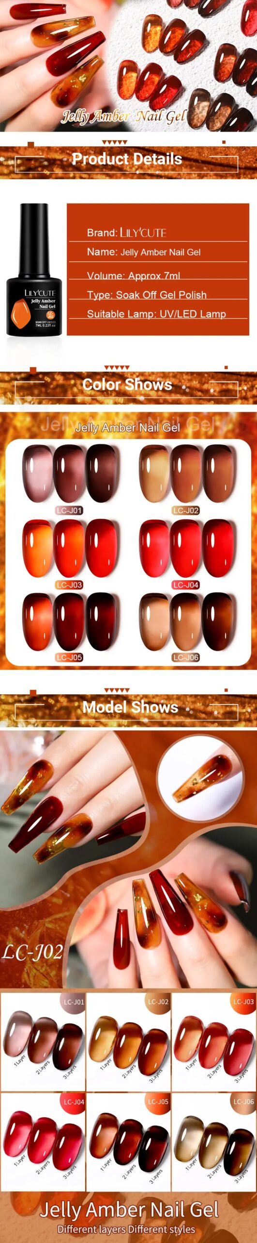 LILYCUTE 7ML Jelly Amber Gel Brown Winter Crystal Nail Polish Translucent Color Nail Art Gel Permanent UV Gel Polish Varnish