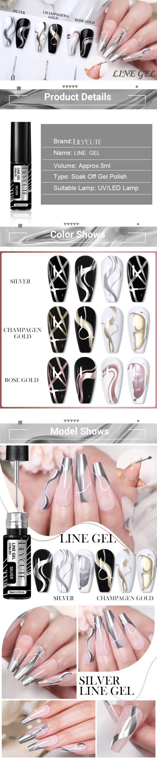 LILYCUTE 5ml Gold Sliver Metallic Liner Gel Nail Polish French Style Super Bright Mirror Pull Line Graffiti Painting Stripe Gel