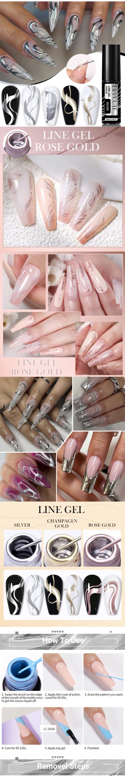 LILYCUTE 5ml Gold Sliver Metallic Liner Gel Nail Polish French Style Super Bright Mirror Pull Line Graffiti Painting Stripe Gel