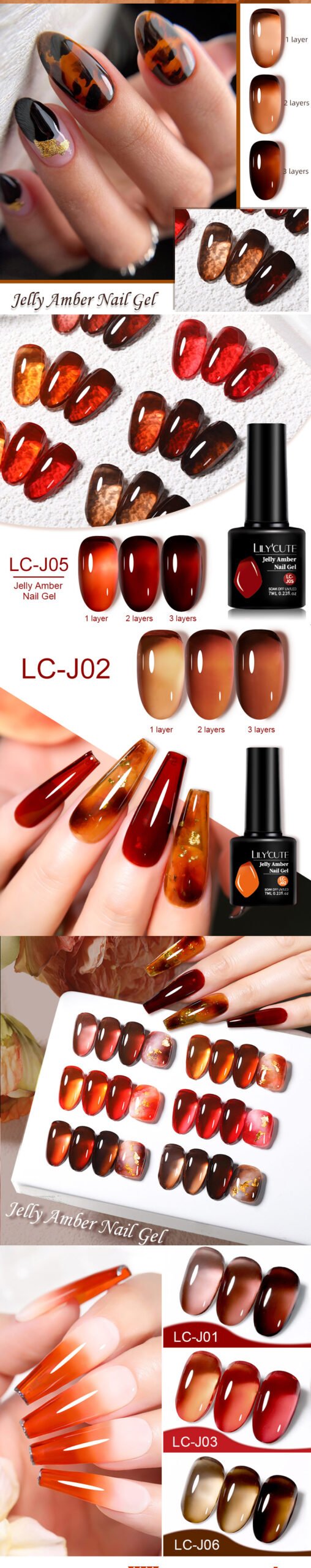 LILYCUTE 7ml Translucent Jelly Amber Gel Nail Polish Brown Coloured Varnish Gel Long Lasting Semi Permanent UV Nail Art Manicure