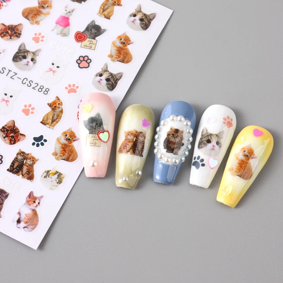 Lovely Dog Cat Animal Bunny 3D Korean Cartoon Scrawl Relief Self Adhesive Nail Art Stickers Cute Pretty Puppy Kitty Star Manicur