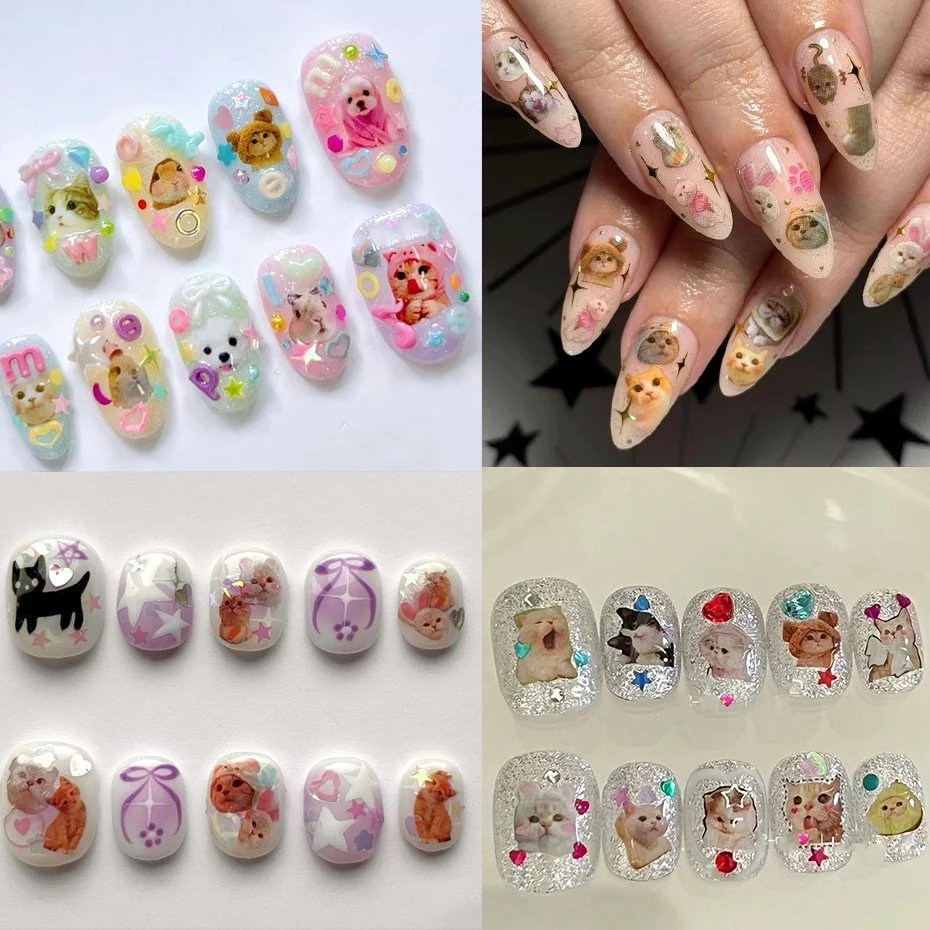 Lovely Dog Cat Animal Bunny 3D Korean Cartoon Scrawl Relief Self Adhesive Nail Art Stickers Cute Pretty Puppy Kitty Star Manicur