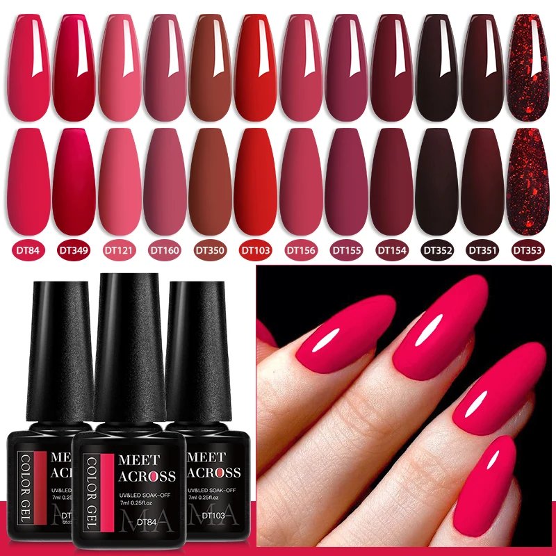 MEET ACROSS 7ml Red Series Gel Nail Polish Glitter Red Winter Nail Art Varnish Semi Permanent Soak Off UV Gel For Nails