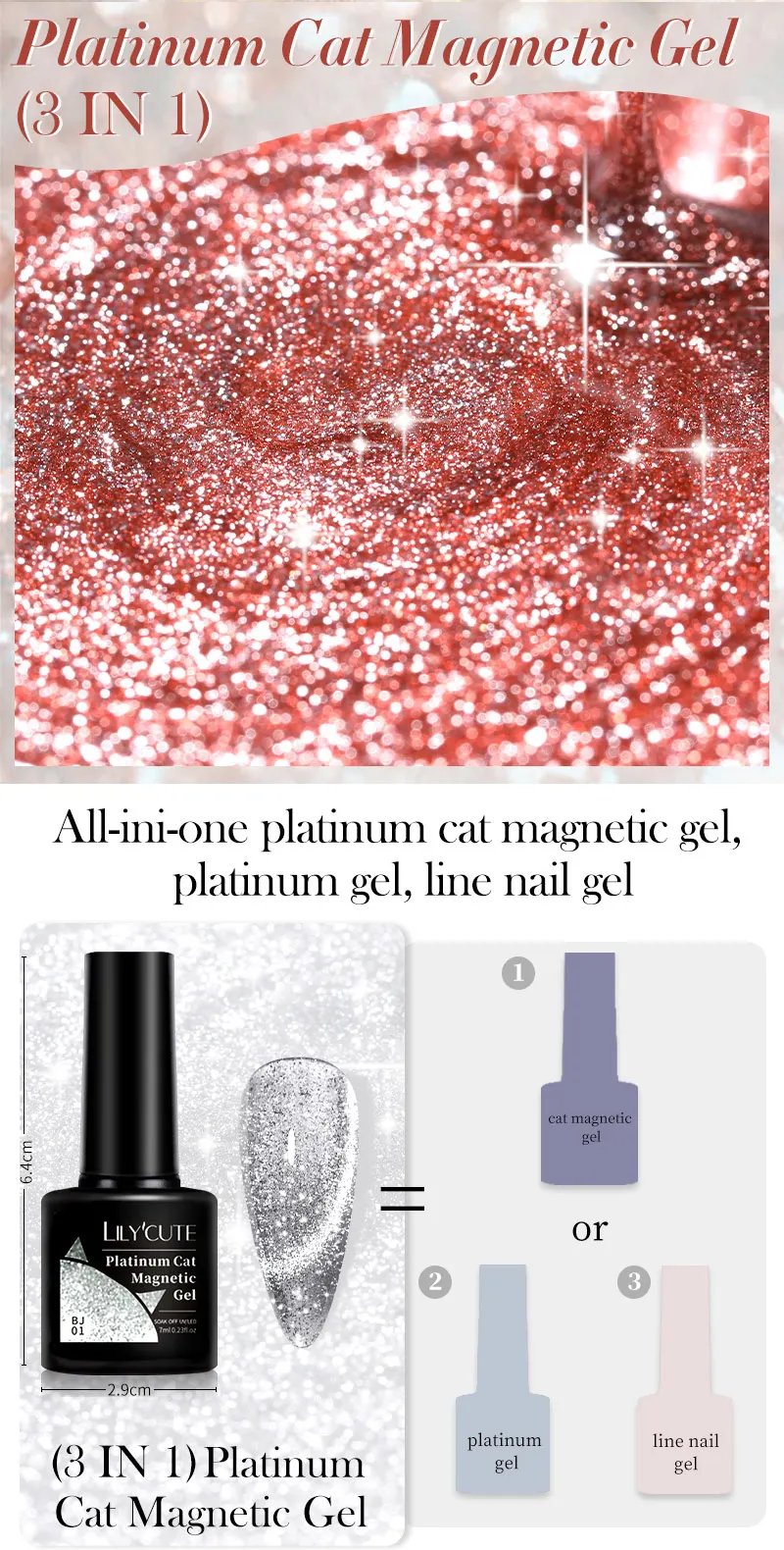 LILYCUTE 7ML 3 IN 1 Platinum Rose Gold Cat Magnetic Gel Nail Polish Moonlight Magnetic Gel Varnish Glitter Semi Permanent UV Gel