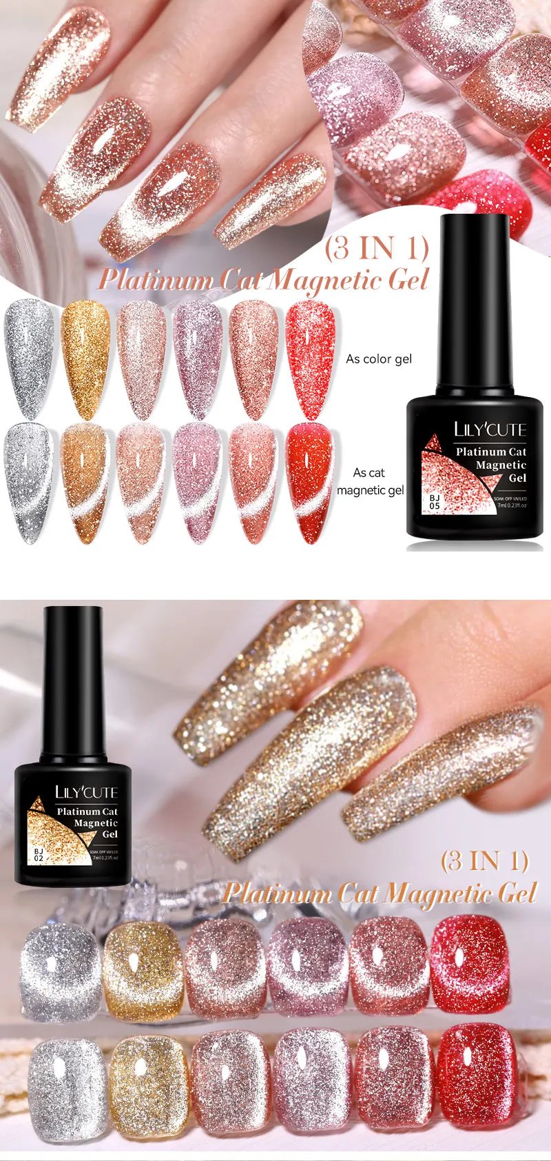 LILYCUTE 7ML 3 IN 1 Platinum Rose Gold Cat Magnetic Gel Nail Polish Moonlight Magnetic Gel Varnish Glitter Semi Permanent UV Gel