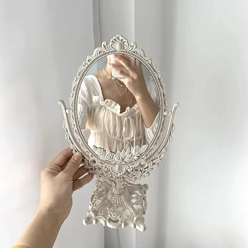 Vintage European Style Makeup Mirror Oval Shaped Cosmetic Mirror 360 Degree Rotating Swivel Desktop Vanity Mirror Home Decor