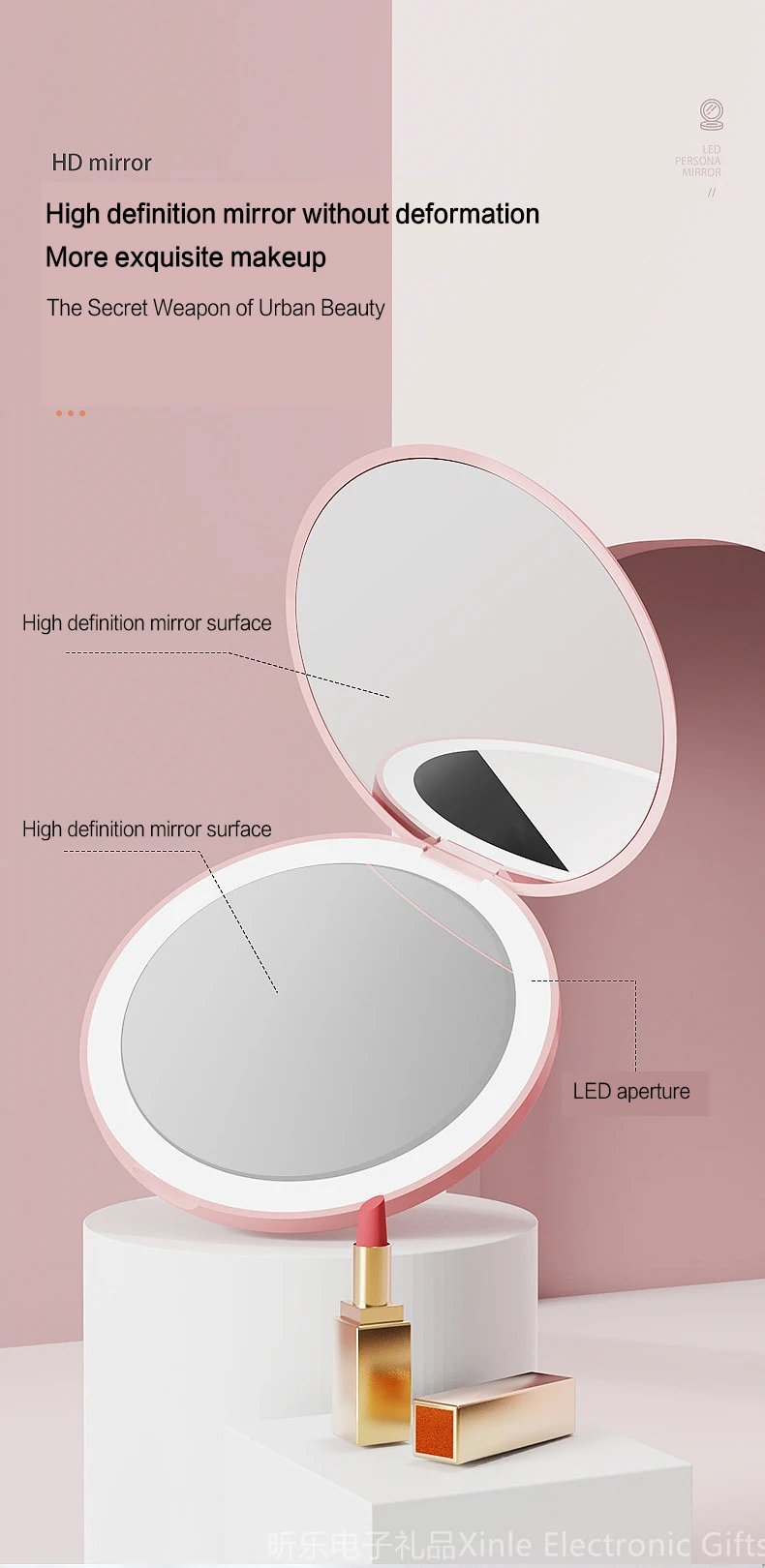 Mini LED Light makeup mirror Foldable compact mirror With luminous circle Portable USB handheld makeup mirror
