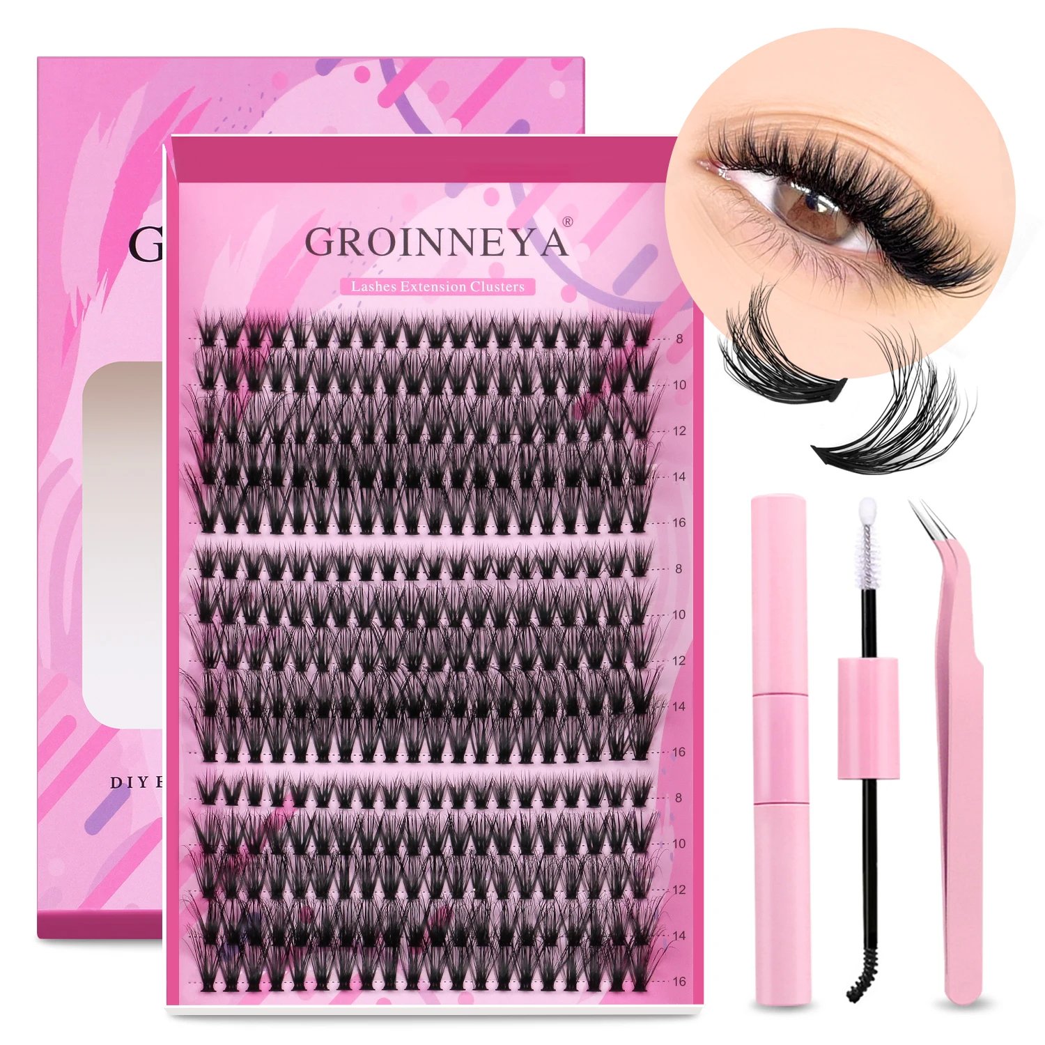 GROINNEYA DIY Lash Extension Kit Individual Lashes Cluster Mix Eyelashes Full Set Lashes Kit with Lash Bond and Seal At Home