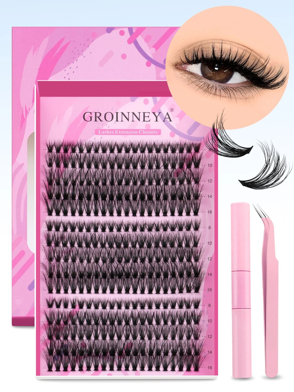 GROINNEYA DIY Lash Extension Kit Individual Lashes Cluster Mix Eyelashes Full Set Lashes Kit with Lash Bond and Seal At Home