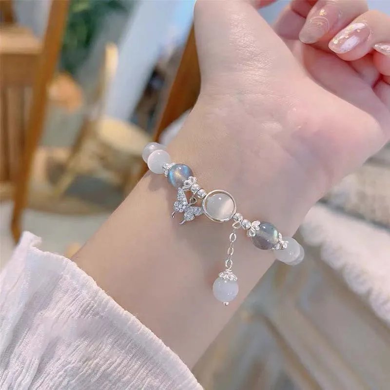 Korean White Moonlight Stone  Crystal Bracelet for Women Girls Luxury Imitation Opal Beaded Elastic Charm Bracelet Jewelry Gifts