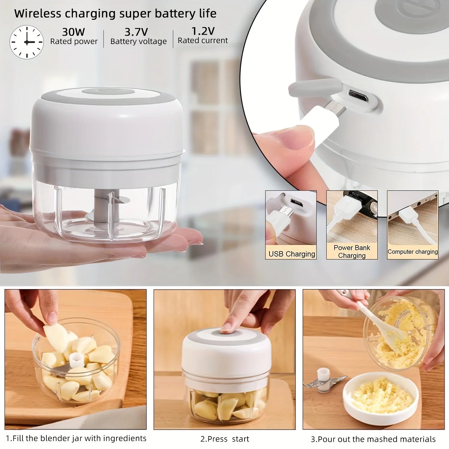 3.38/8.45oz USB Electric Mini Garlic Chopper - Powerful Meat Grinder And Vegetable Crusher For Quick And Easy Food Prep