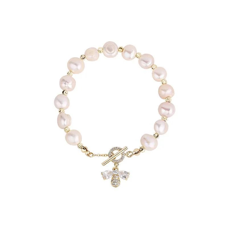 2021 Elegant Baroque Pearl String Bracelet For Woman Luxury Zircon Bee Pendant Bracelet Fashion Girl's Sweet Jewelry