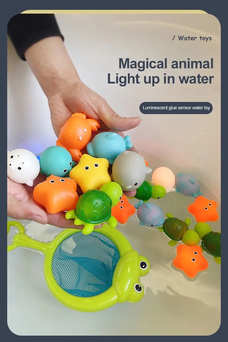 LED Light Up Toys Baby Cute Animals Bath Toy Swimming Water Soft Rubber Float Induction Luminous Duck for Kids Play Funny Gifts