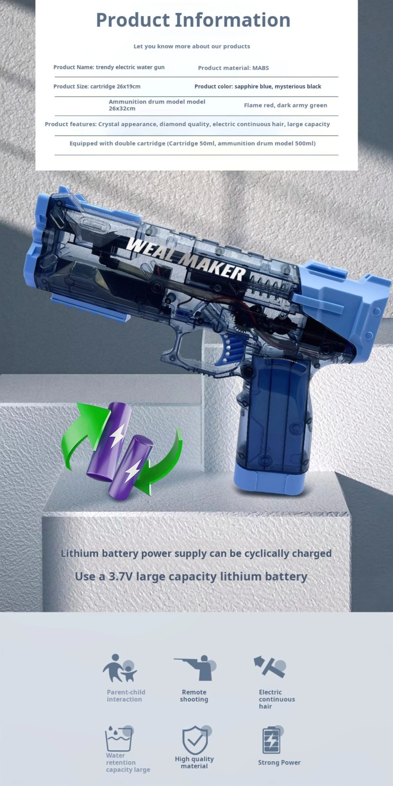 Outdoor water spray gun toy ice explosion electric water gun large capacity high-pressure continuous firing water gun