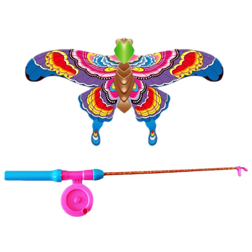 Children Kite Toy Cartoon Eagle Foldable Mini Plastic Toys Kite Hand Brake Fishing Rod  Butterflies For Kids Outdoor Toy For Fun