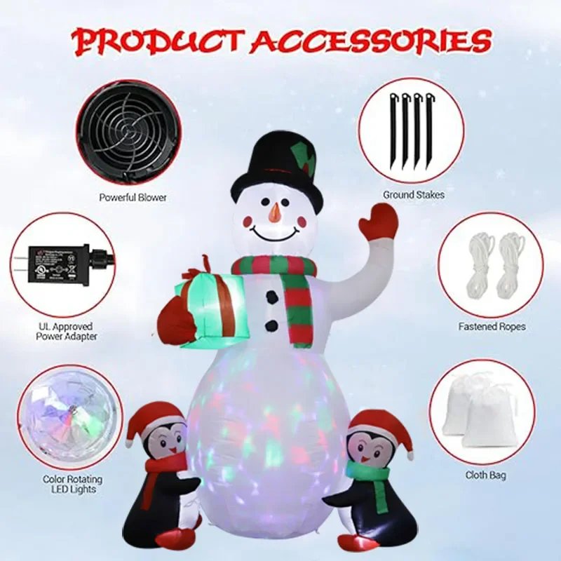 1.8m Christmas Decoration Inflatable Toy Gift Snowman Penguin Built-in LED Lights Indoor Outdoor New Year Party Garden Decor