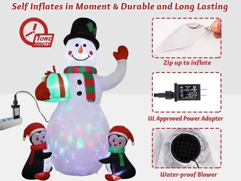 1.8m Christmas Decoration Inflatable Toy Gift Snowman Penguin Built-in LED Lights Indoor Outdoor New Year Party Garden Decor