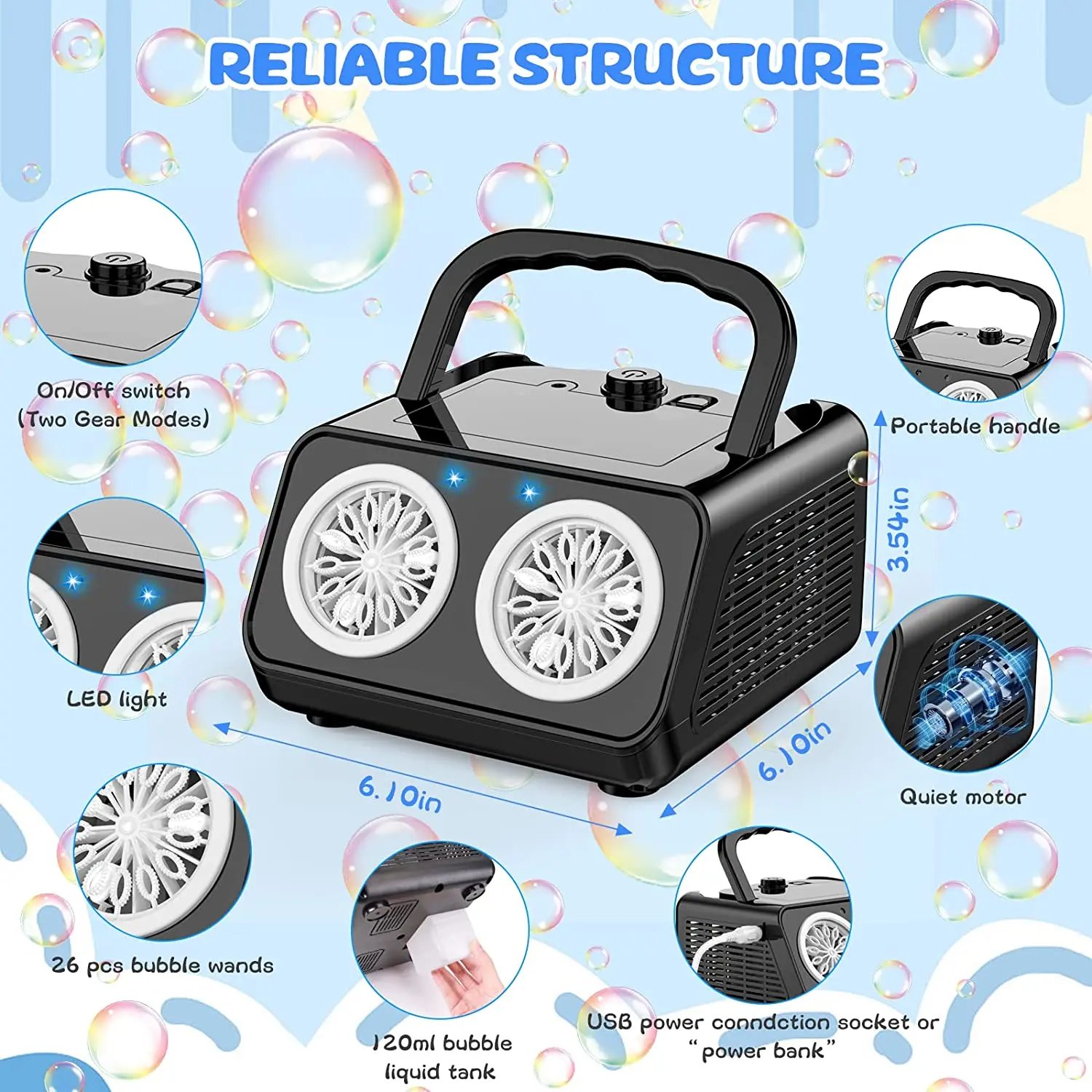 Automatic Bubble Machine Upgrade Bubble Blower with 2 Fans,50000+ Bubbles Per Minute Bubbles for Kids Portable Bubble Maker