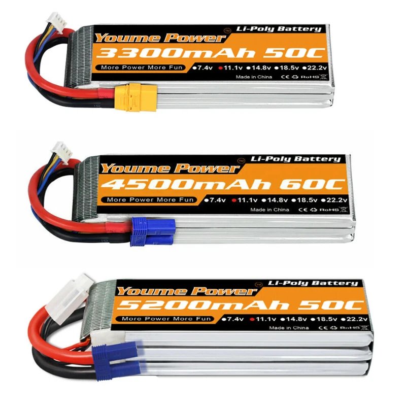 Youme 2S 3S 4S 6S RC Lipo Battery 7.4V 11.1V 14.8V 22.2V 3300mah 4500mah 5200mah 6200mah 6500mah T XT60 Hard Case RC Parts