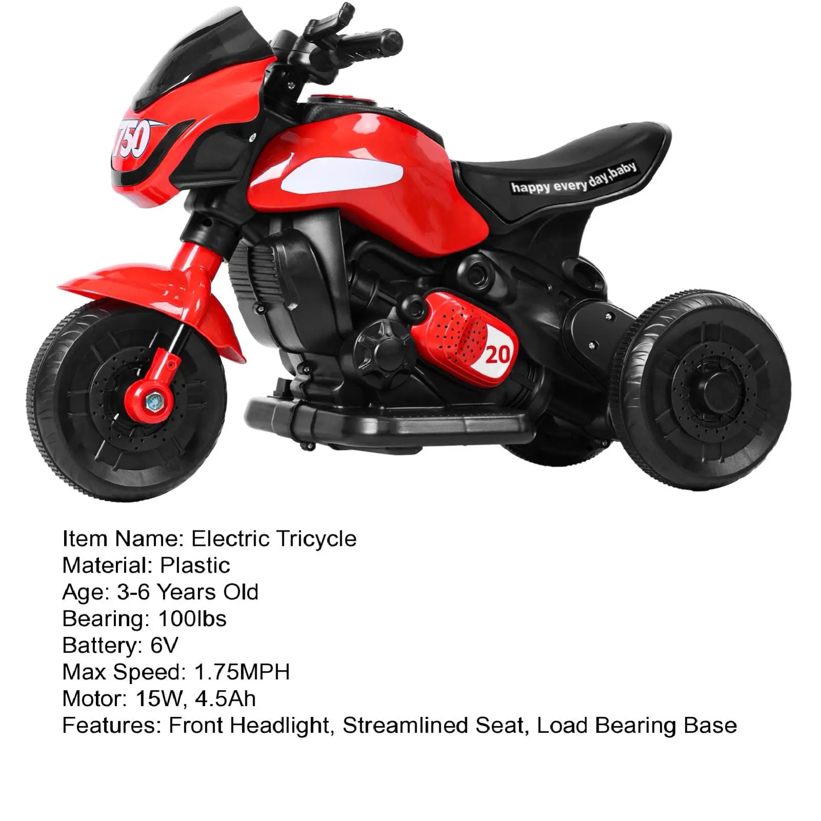 Kids Electric Tricycle, Kids Motorcycle Ride-on Car Toy, 3-Wheel Battery Powered Motorbike for Kids 1-6 Years Old, Bluetooth