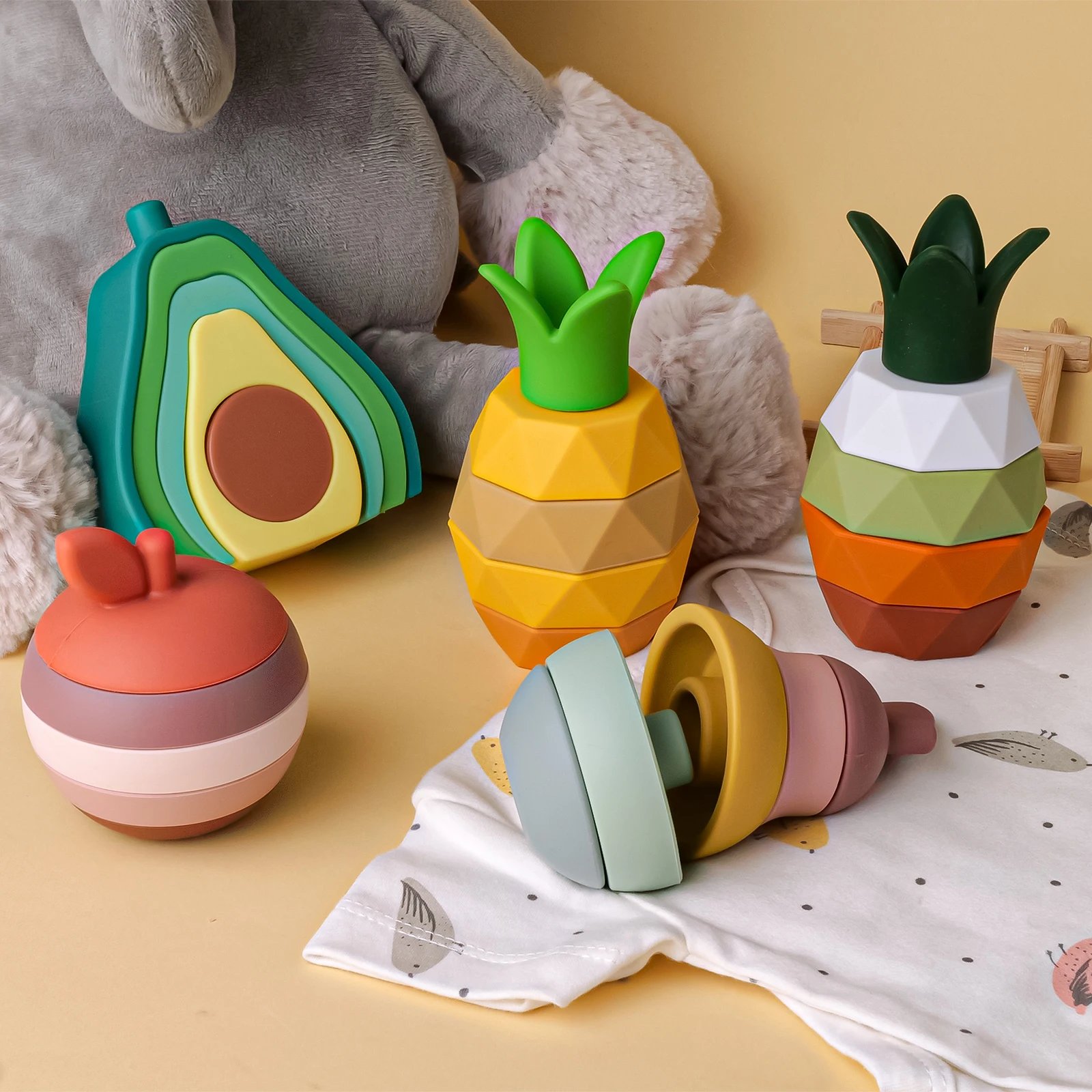 Silicone Stacking Toys Baby Building Blocks Fruit Nesting Design Bpa Free Soft Silicone Stickers Stacking Block Rubber Teething