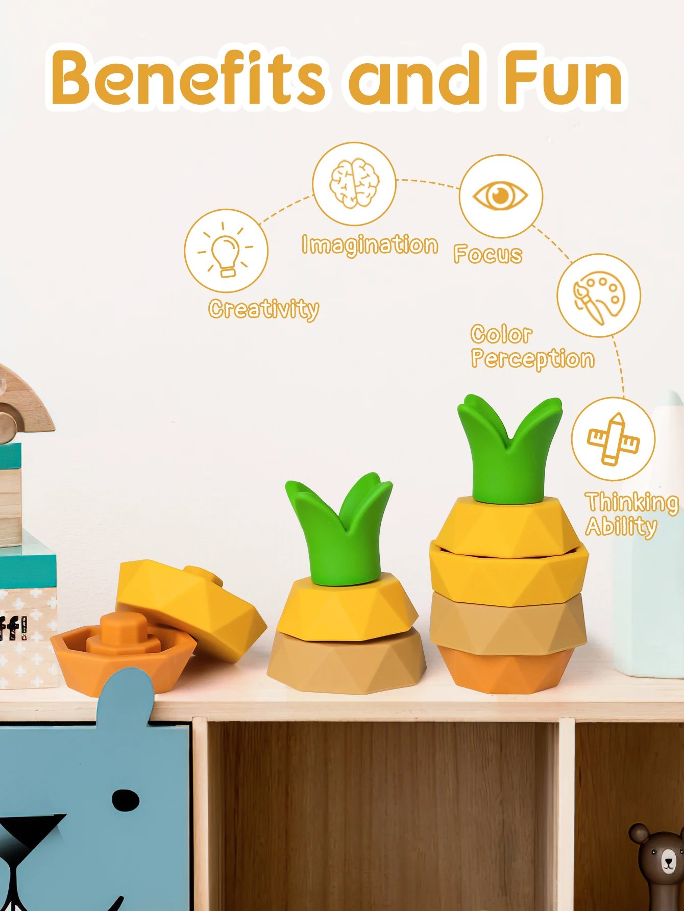 Silicone Stacking Toys Baby Building Blocks Fruit Nesting Design Bpa Free Soft Silicone Stickers Stacking Block Rubber Teething