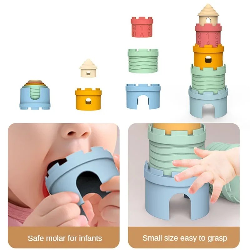 Baby Cartoon Silicone Castle Stack Cup Toys Color Digital Cognitive Building Blocks for Kids Montessori Early Education Toy Gift