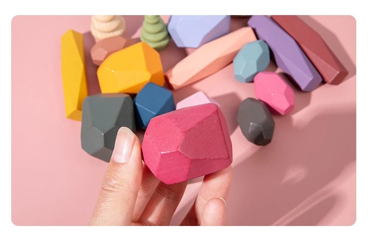 18 Pcs Wooden Stacking Rocks Building Blocks, Colored Solid Wood Stones Pre-School Educational Games Toys for Kids Toddlers