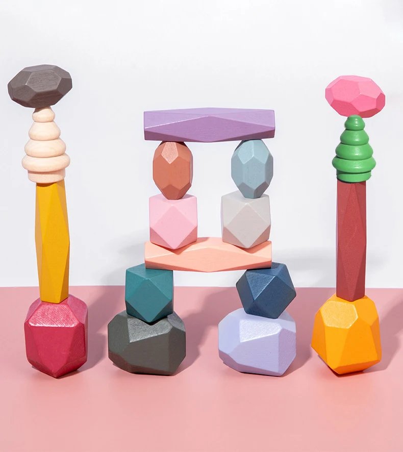 18 Pcs Wooden Stacking Rocks Building Blocks, Colored Solid Wood Stones Pre-School Educational Games Toys for Kids Toddlers