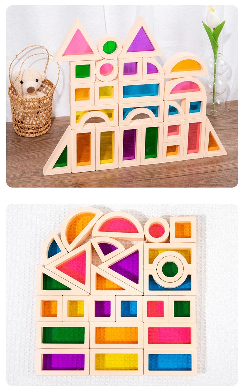 25Pcs Stacking Building Blocks Montessori Toys Construction Toys Colorful Geometry Sensory Toy Wood Rainbow Blocks for Preschool