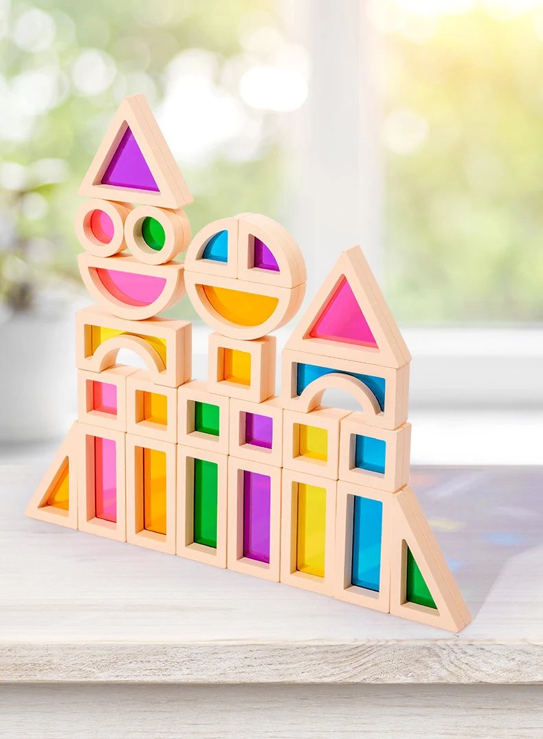 25Pcs Stacking Building Blocks Montessori Toys Construction Toys Colorful Geometry Sensory Toy Wood Rainbow Blocks for Preschool