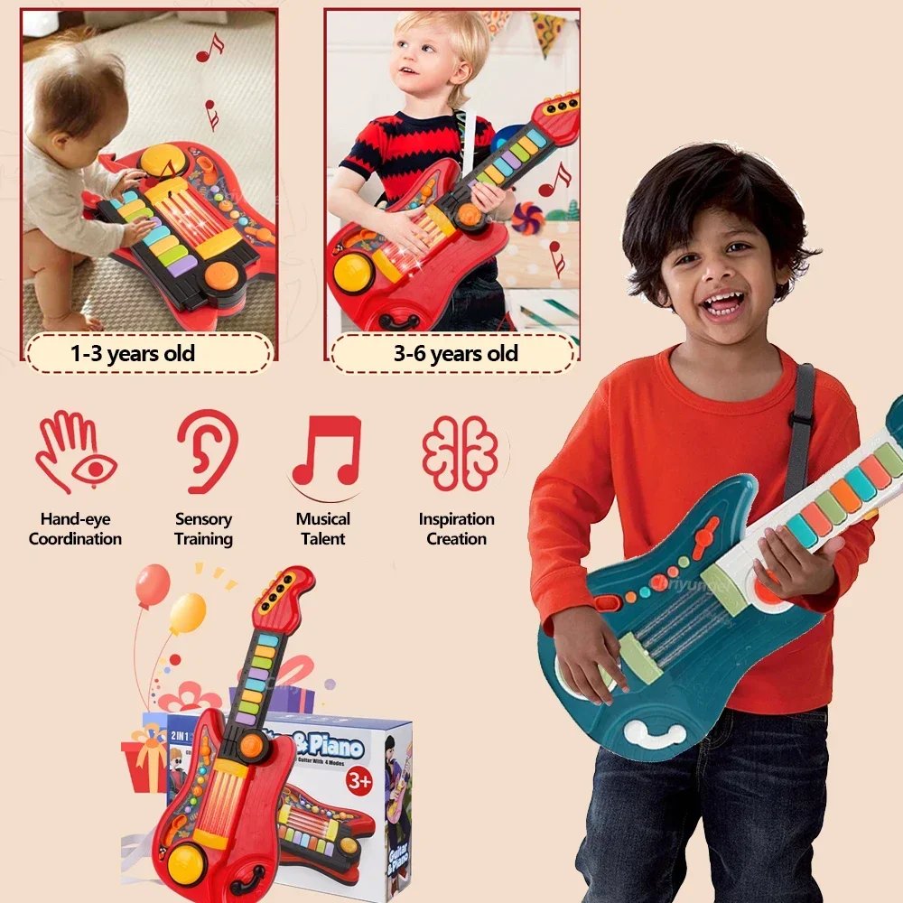 Kids Guitar 3 in 1 Folding Musical Instrument Toddler Electronic Guitar Piano Drum Educational Toys Birthday Gift for Girl Boy