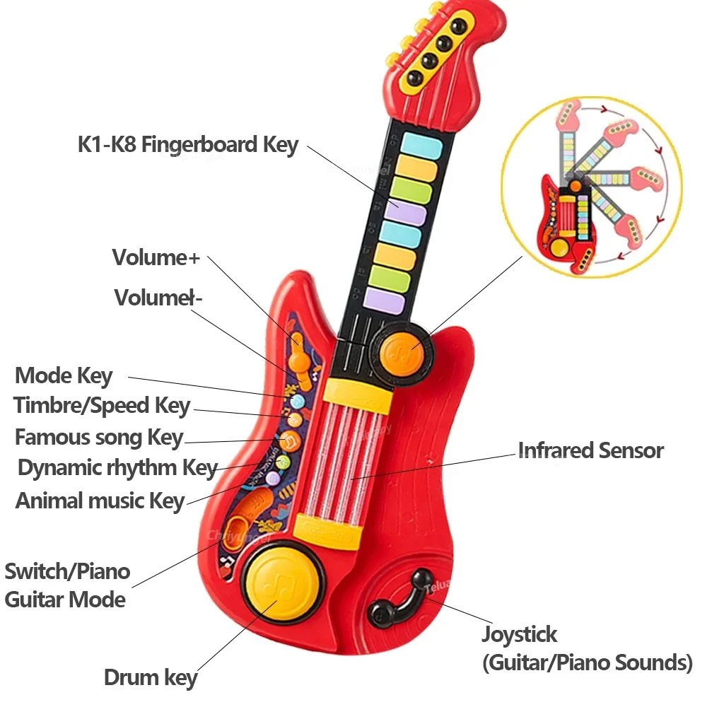 Kids Guitar 3 in 1 Folding Musical Instrument Toddler Electronic Guitar Piano Drum Educational Toys Birthday Gift for Girl Boy