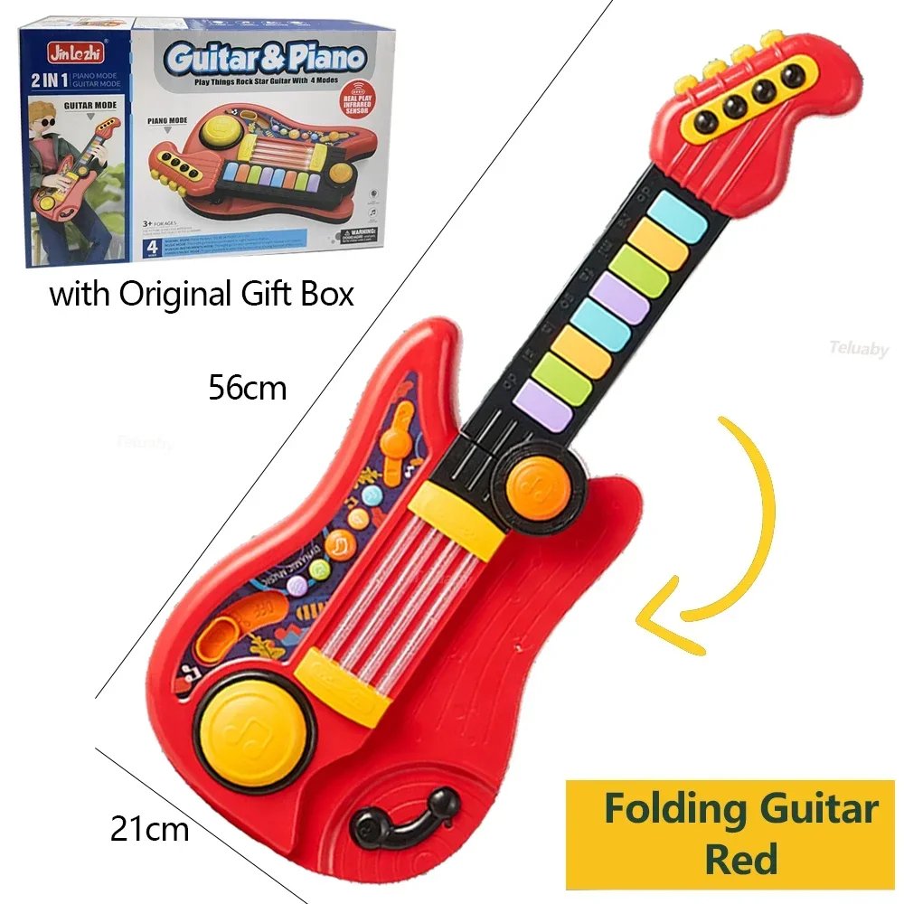 Kids Guitar 3 in 1 Folding Musical Instrument Toddler Electronic Guitar Piano Drum Educational Toys Birthday Gift for Girl Boy
