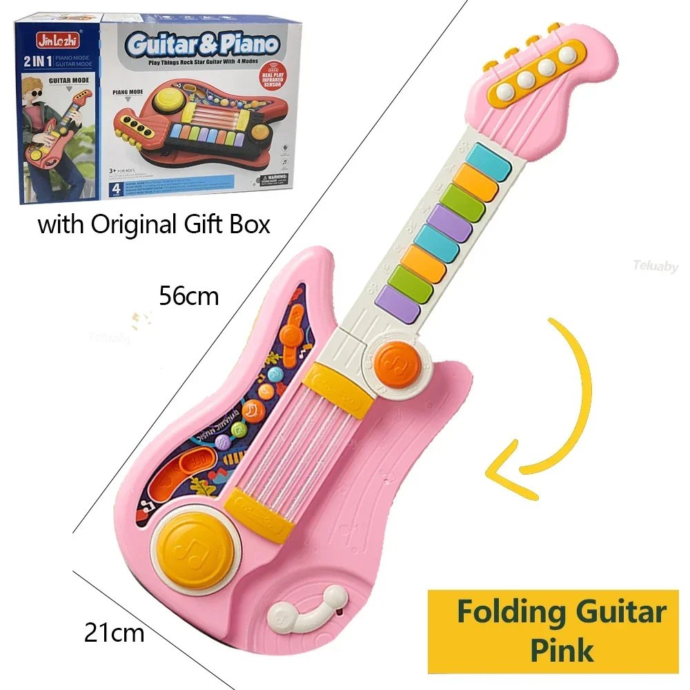 Kids Guitar 3 in 1 Folding Musical Instrument Toddler Electronic Guitar Piano Drum Educational Toys Birthday Gift for Girl Boy