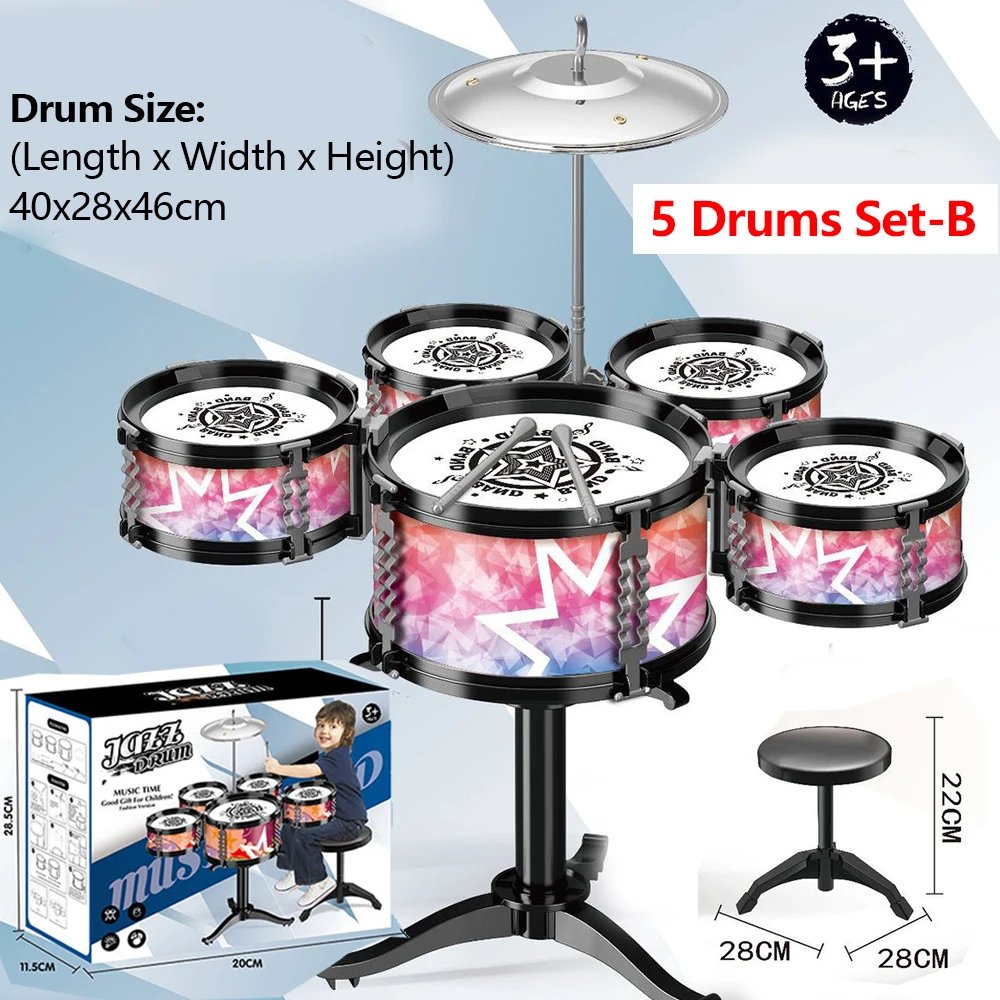 Children's Jazz Drum Set 3 drums/5 small stools Drum Stick Set Children's Music Development Intelligence Education Toy Gifts