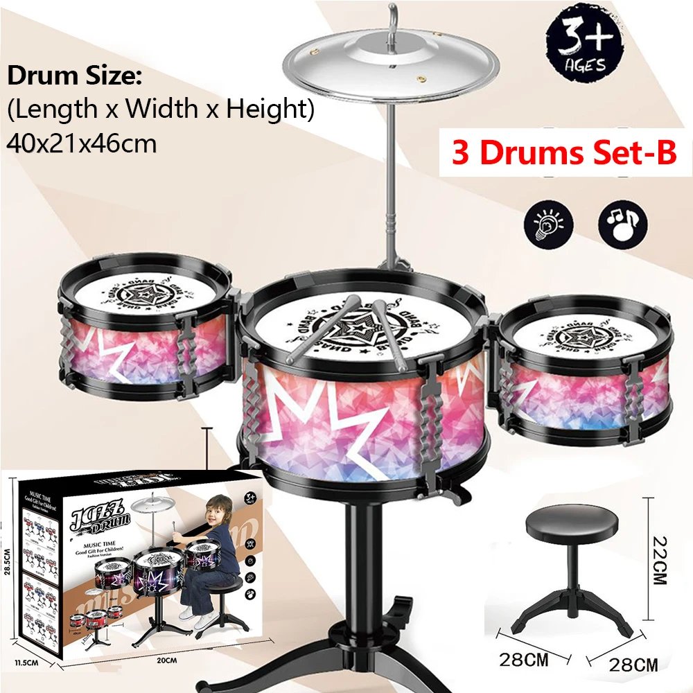 Children's Jazz Drum Set 3 drums/5 small stools Drum Stick Set Children's Music Development Intelligence Education Toy Gifts