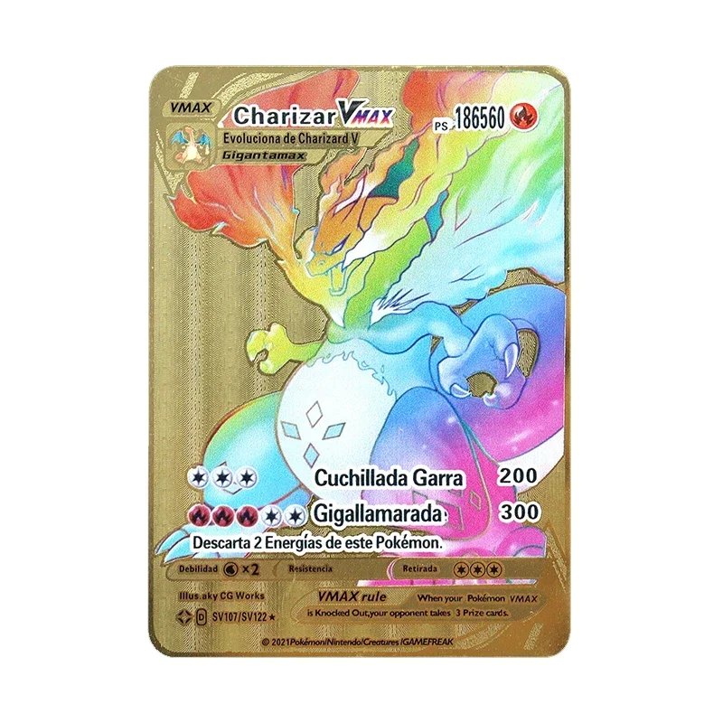Pokemon 183200 Points High Mach Pikachu Charizard Mewtwo Gold Black English French Metal Card Vmax Mega GX Game Collection Card