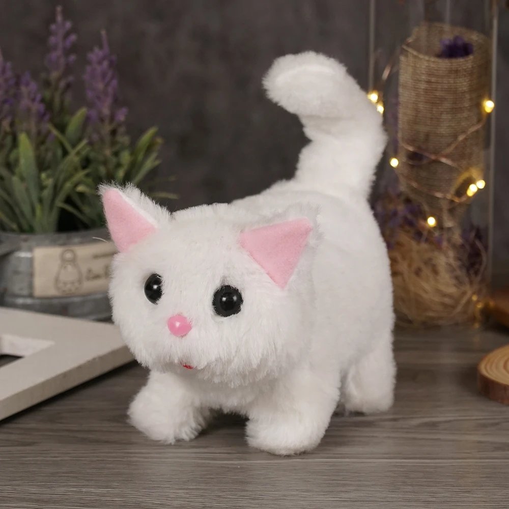 Cute Interactive Cat Plush Toy Electronic Stuffed Doll Toy Walking Tail Wagging Head Shaking for Boys Girl Birthday Holiday Gift