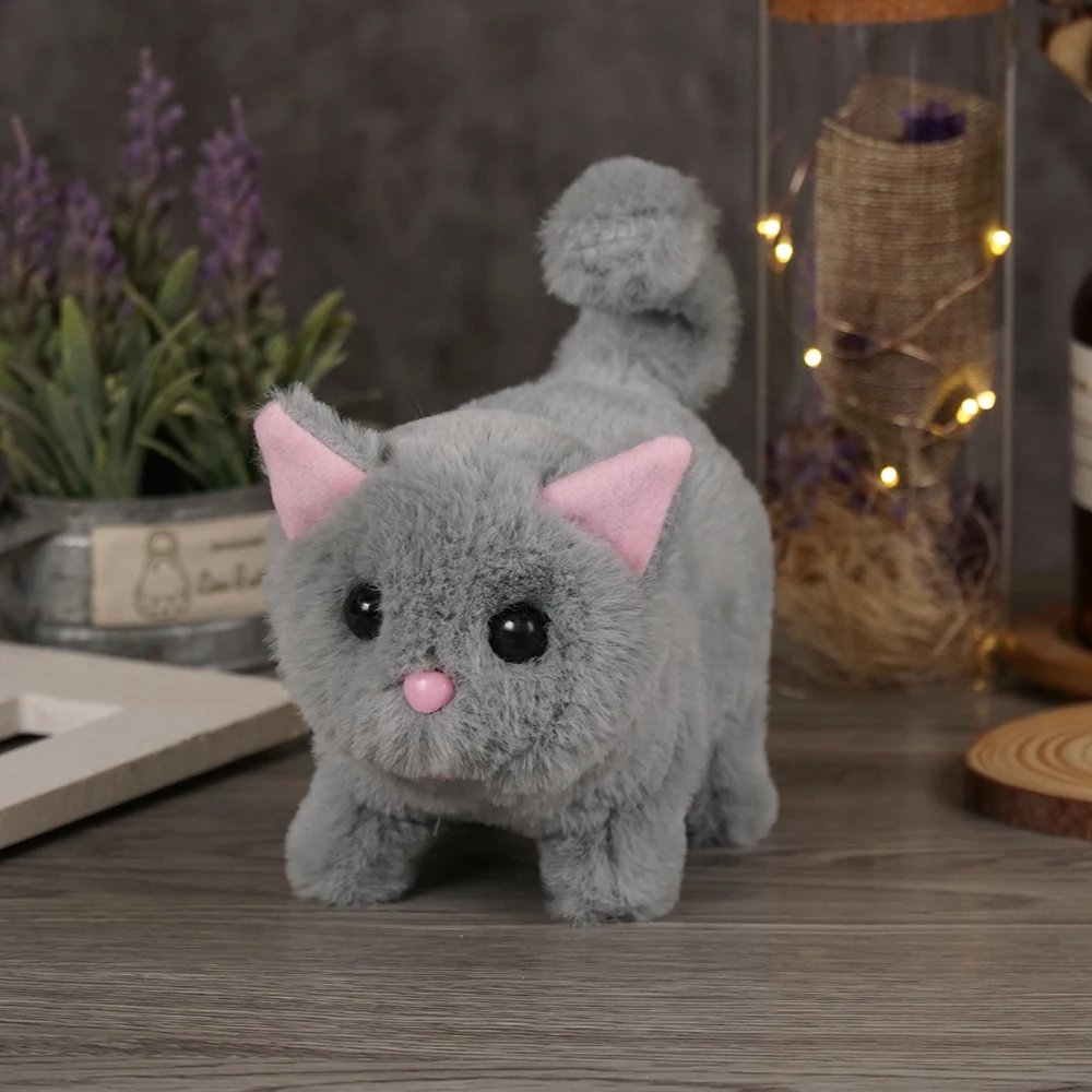 Cute Interactive Cat Plush Toy Electronic Stuffed Doll Toy Walking Tail Wagging Head Shaking for Boys Girl Birthday Holiday Gift